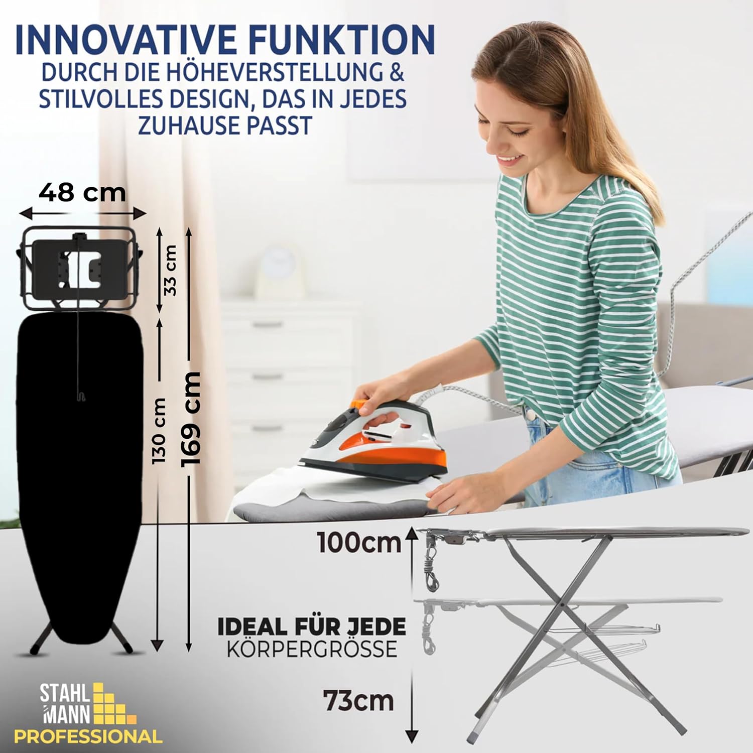 STAHLMANN® XXL Bügelbrett 130x48 cm – Für Dampfbügelstation – inkl. Ärmelbrett – 100 % Baumwollbezug – extra stabil – Made in EU