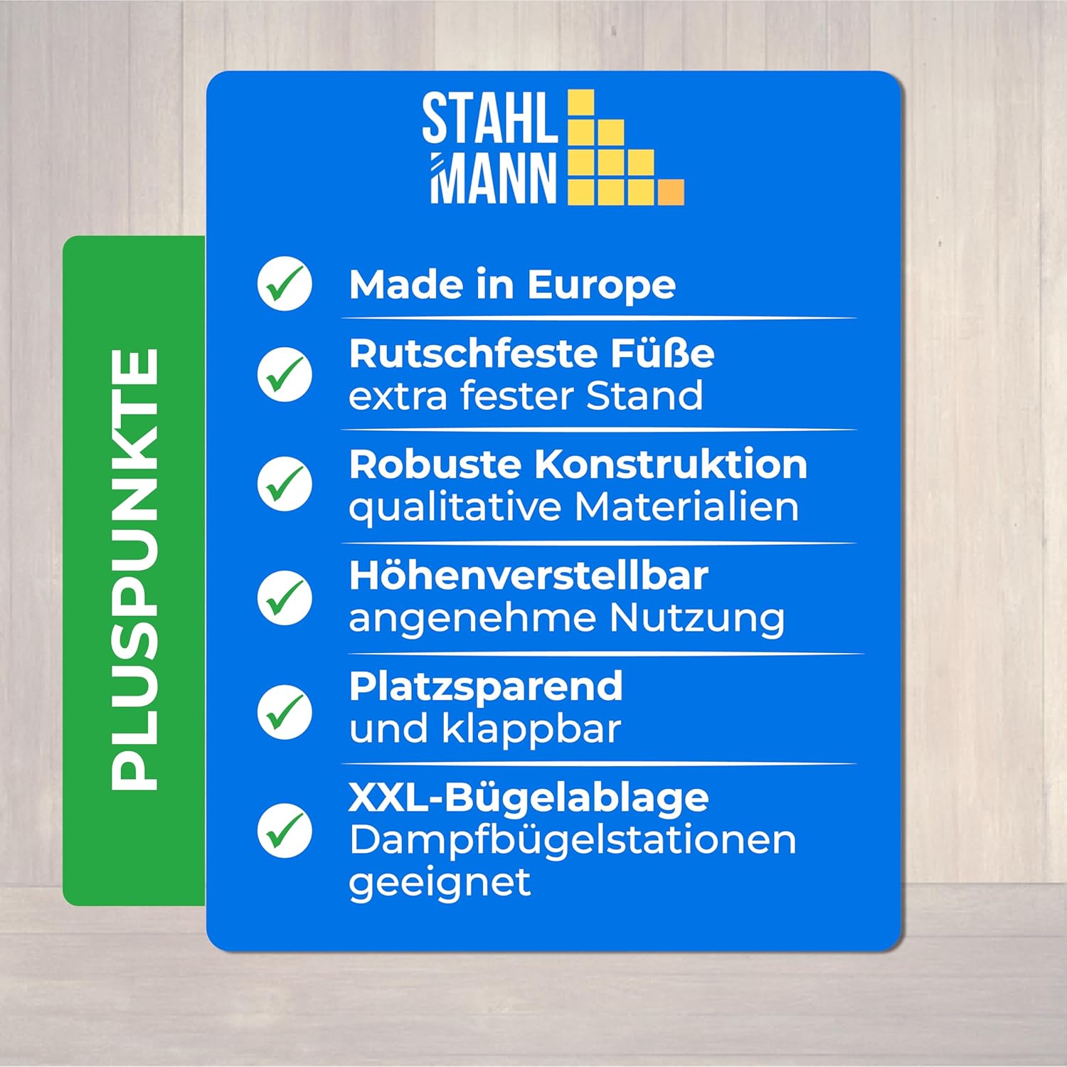 STAHLMANN® XXL Bügelbrett 130x48 cm – Für Dampfbügelstation – inkl. Ärmelbrett – 100 % Baumwollbezug – extra stabil – Made in EU