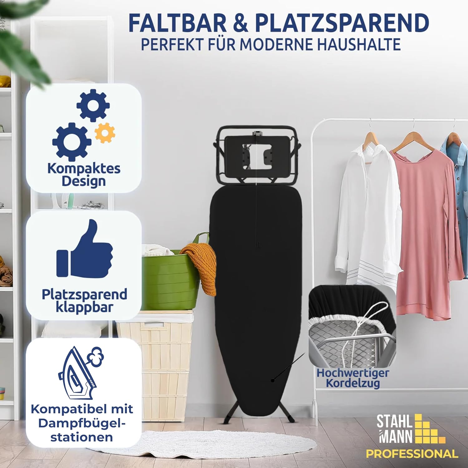 STAHLMANN® XXL Bügelbrett 130x48 cm – Für Dampfbügelstation – inkl. Ärmelbrett – 100 % Baumwollbezug – extra stabil – Made in EU