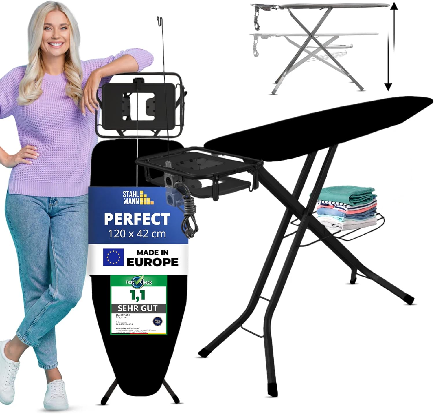 STAHLMANN® XL Bügelbrett 120x42 cm – Höhenverstellbar &amp; stabil – Baumwollbezug – Für Dampfbügelstation – Made in EU