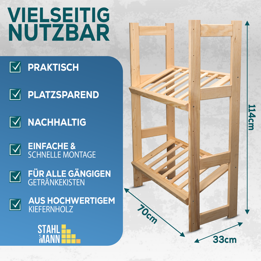 Getränkekistenregal für 4 Kisten [GEEIGNET FÜR Jede KISTENSORTE] - Robustes Getränkeregal aus hochwertigem Kiefernholz - Standfestes Kistenregal Made IN Europe