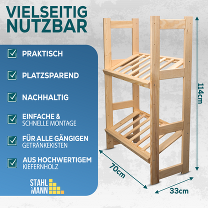 Getränkekistenregal für 4 Kisten [GEEIGNET FÜR Jede KISTENSORTE] - Robustes Getränkeregal aus hochwertigem Kiefernholz - Standfestes Kistenregal Made IN Europe