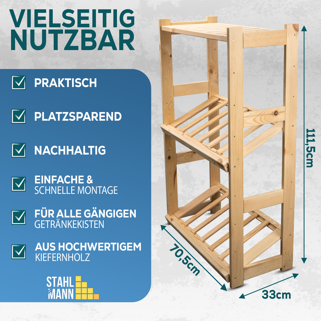 Getränkekistenregal für bis zu 6 Kisten [GEEIGNET FÜR Jede KISTENSORTE] - inkl. multifunktionale Ablage - Robustes Getränkeregal aus hochwertigem Kiefernholz - Standfestes Kistenregal