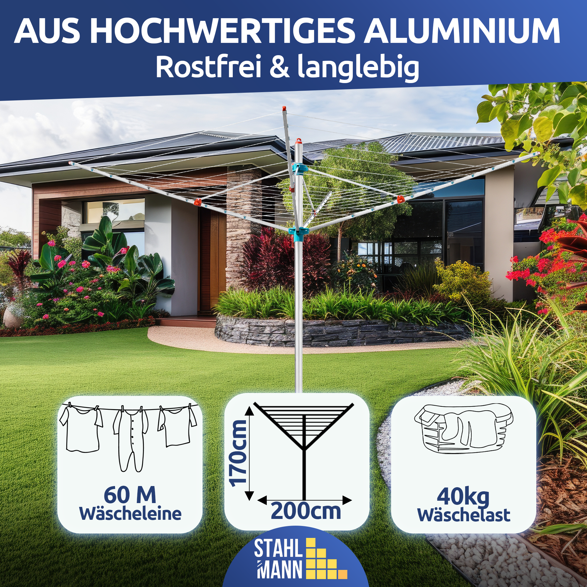 Wäschespinne 60m Made in Germany – 40kg Traglast, wetterfest & ergonomisch