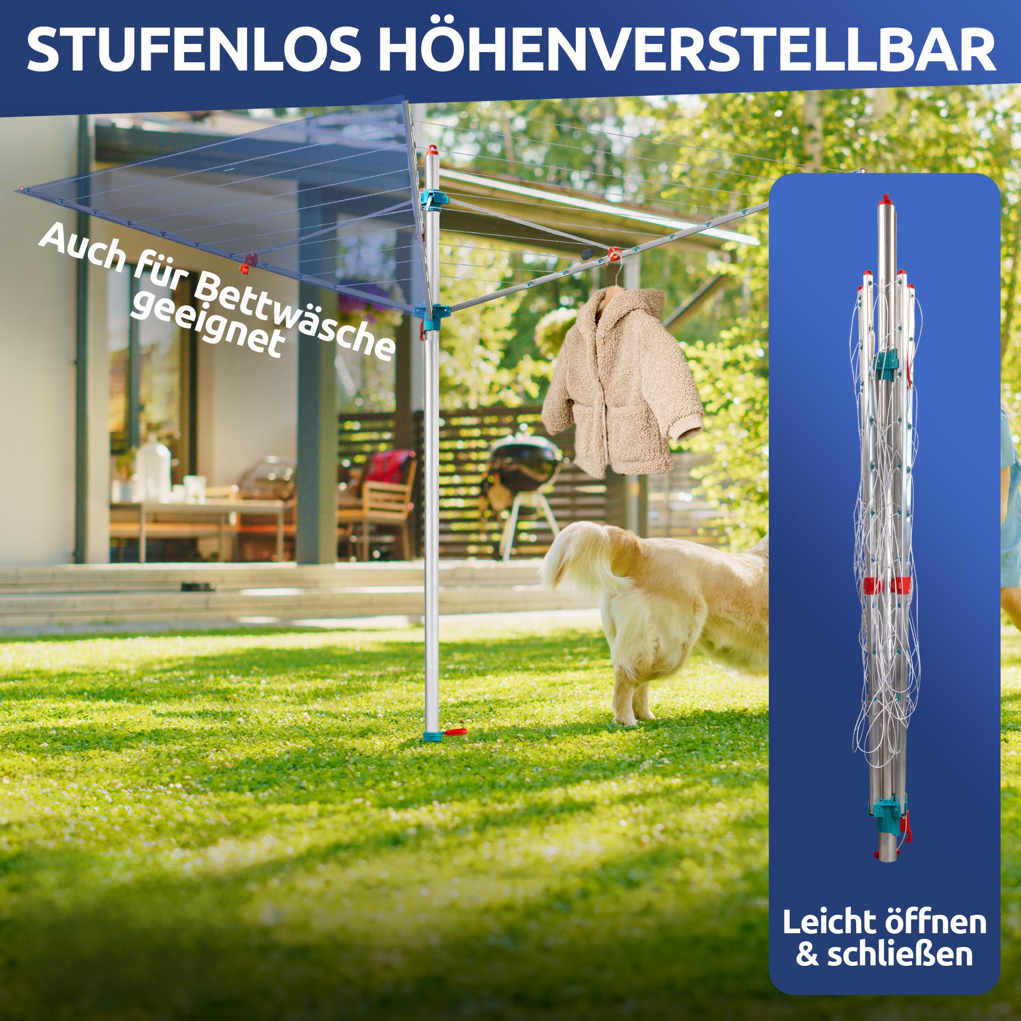 Wäschespinne 50m Made in Germany – 40kg Traglast, wetterfest &amp; ergonomisch