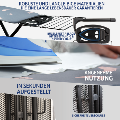 STAHLMANN ® großes Bügelbrett [120x42 Bügelfläche] mit Hemdplatte – [TÜV Zertifiziert] – [Made IN EU]