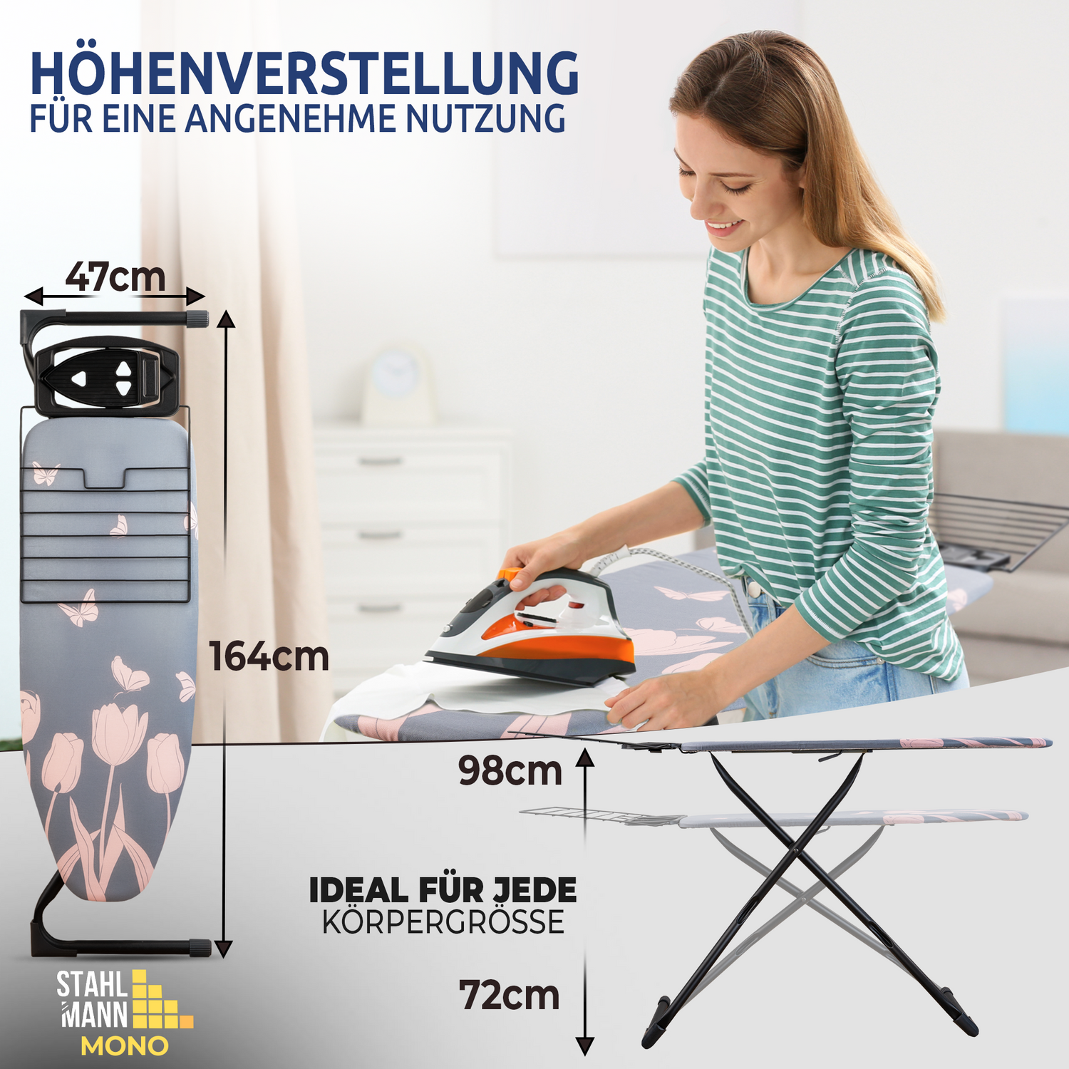 STAHLMANN ® großes Bügelbrett [120x42 Bügelfläche] mit Hemdplatte – [TÜV Zertifiziert] – [Made IN EU]