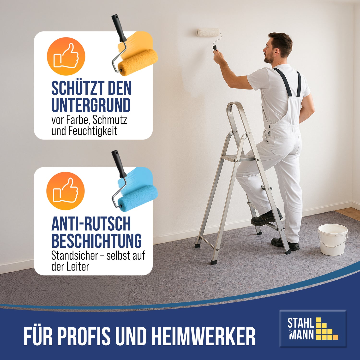 STAHLMANN® Schildersvlies [1 x 50 m] – Beschermend vlies en folie voor schilderwerk – antislip en absorberend – vloerbedekking voor renovatie, verhuizing – verfroller
