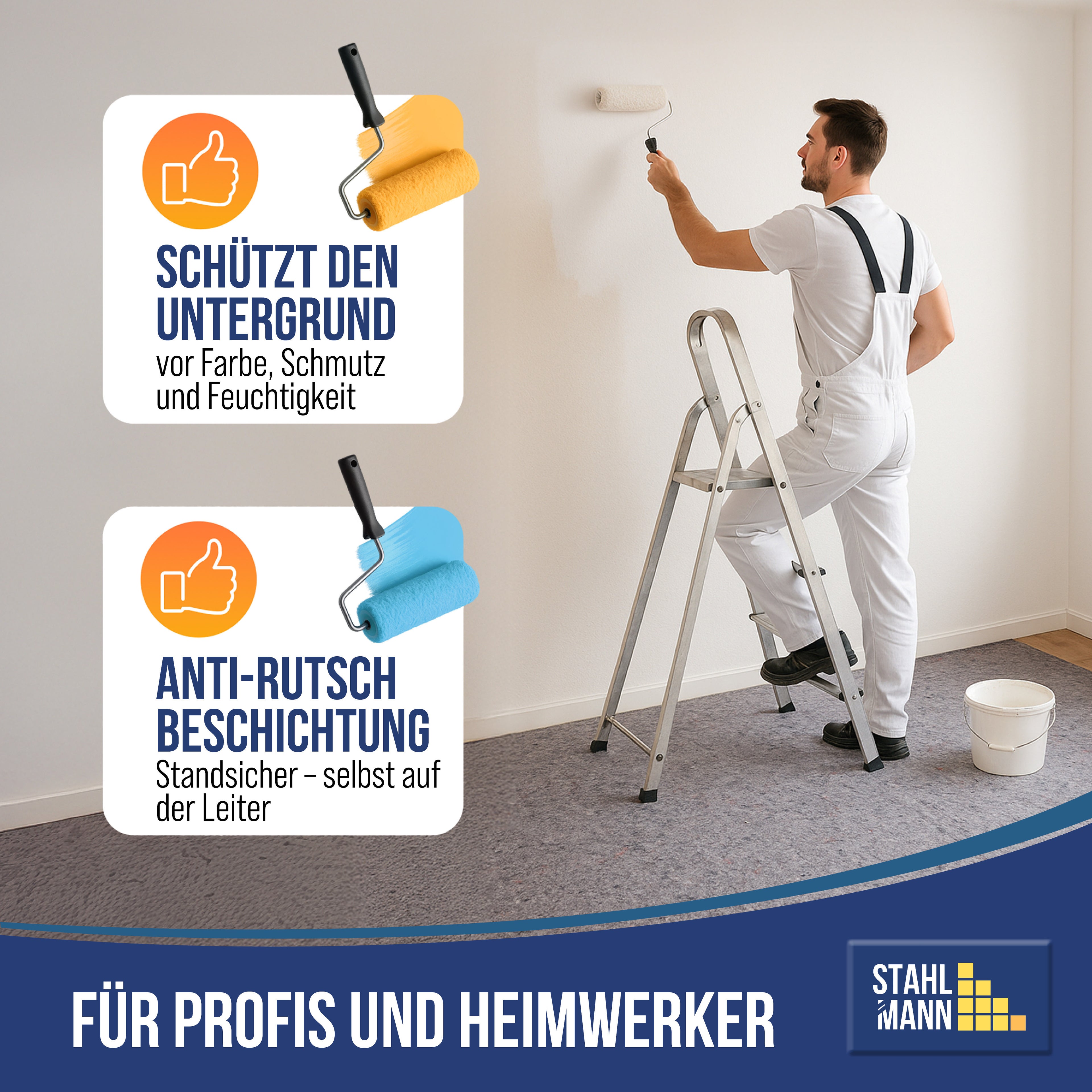 STAHLMANN® Schildersvlies [1 x 50 m] – Beschermend vlies en folie voor schilderwerk – antislip en absorberend – vloerbedekking voor renovatie, verhuizing – verfroller