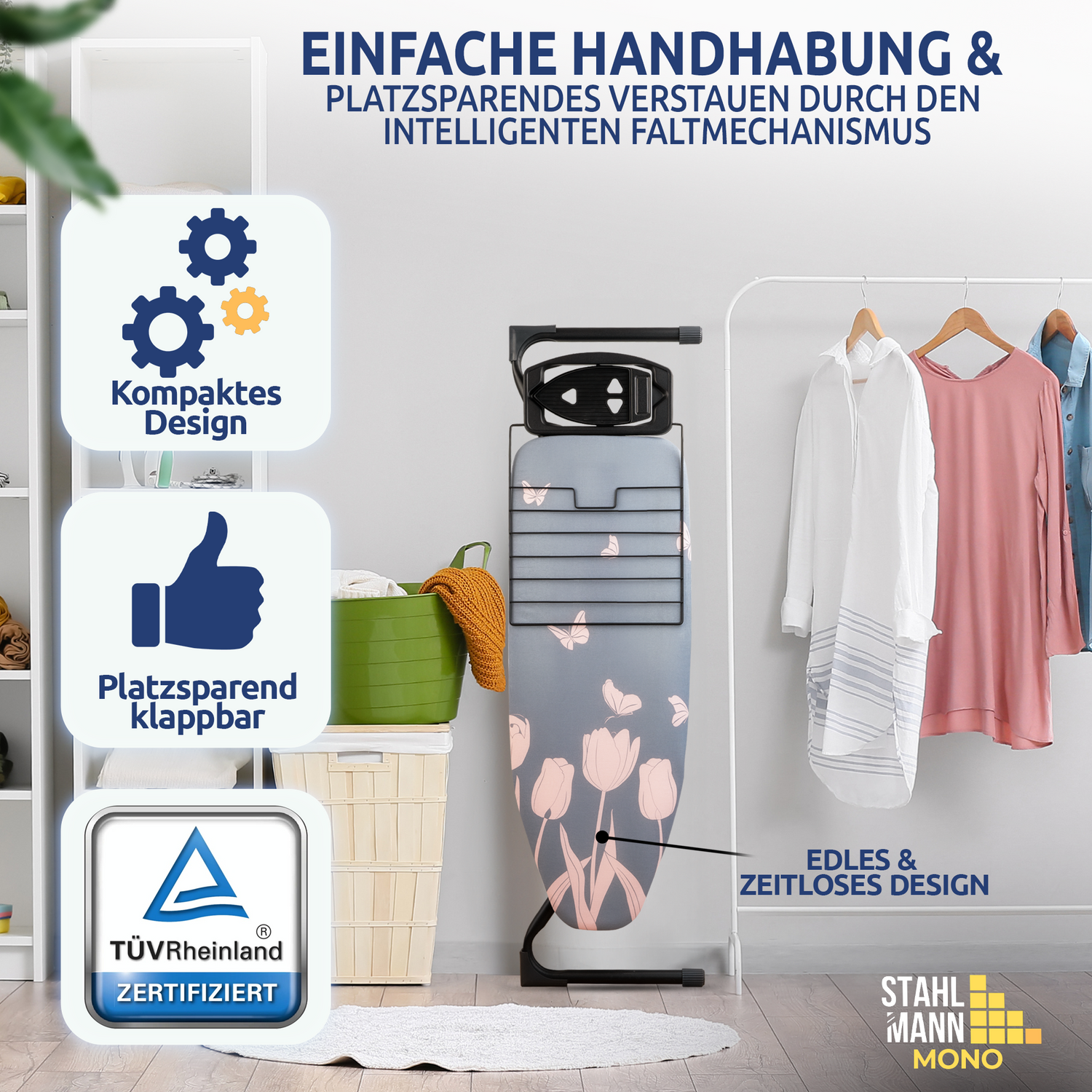 STAHLMANN ® großes Bügelbrett [120x42 Bügelfläche] mit Hemdplatte – [TÜV Zertifiziert] – [Made IN EU]