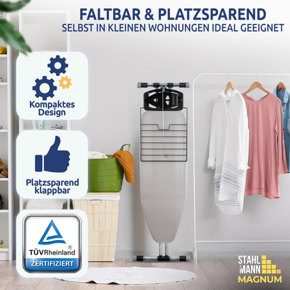 STAHLMANN ® Bügelbrett aus Aluminium [120x42 Bügelfläche] inkl. Ärmelbügelbrett – [TÜV-Zertifiziert] – [Made IN EU]