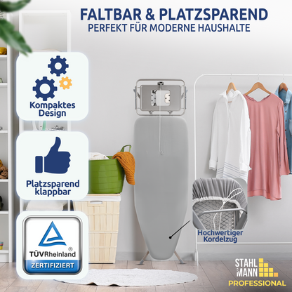 STAHLMANN ® XXL-Bügelbrett für Dampfbügelstation [130x48 Bügelfläche] – [TÜV-Zertifiziert] – [Made IN EU] mit Kleidungsablage