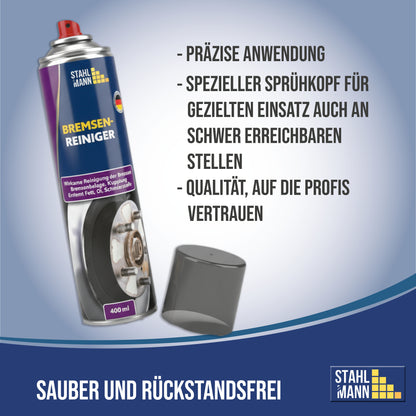 STAHLMANN® Bremsenreiniger 12x400 ml – Hochwirksames Bremsenreiniger Spray für Werkstatt &amp; Auto | Entfernt Öl, Fett &amp; Schmutz rückstandsfrei | Profiqualität für Bremsen, Kupplung &amp; Motor