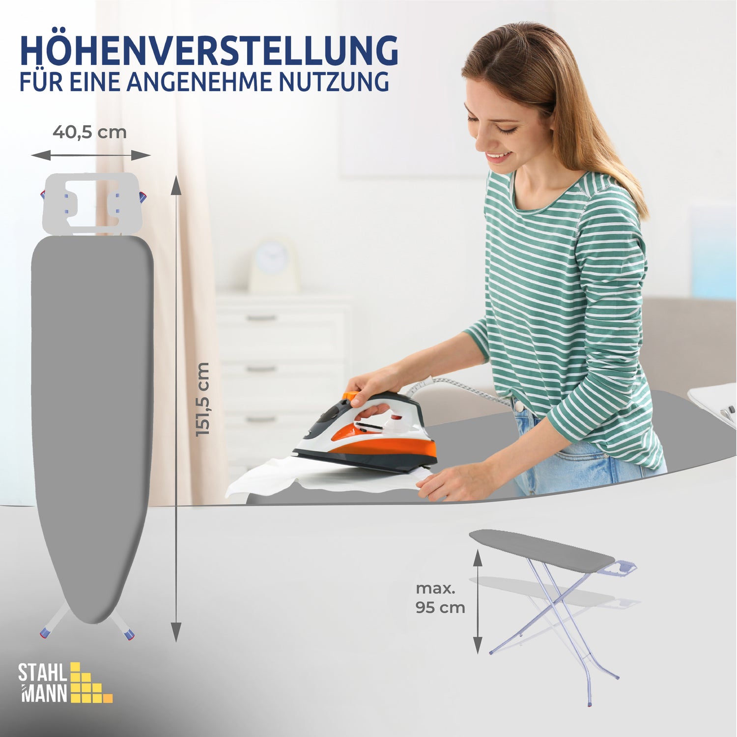 Stahlmann Höhenverstellbares Bügelbrett mit rutschfesten Füßen 114x34