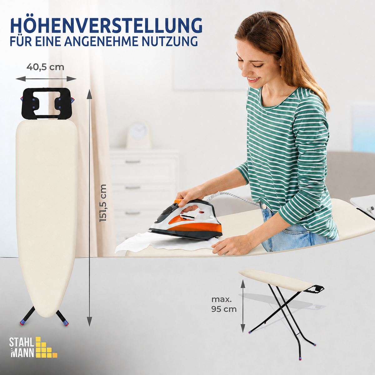 STAHLMANN® Bügelbrett 120 × 35 cm – höhenverstellbar & klappbar