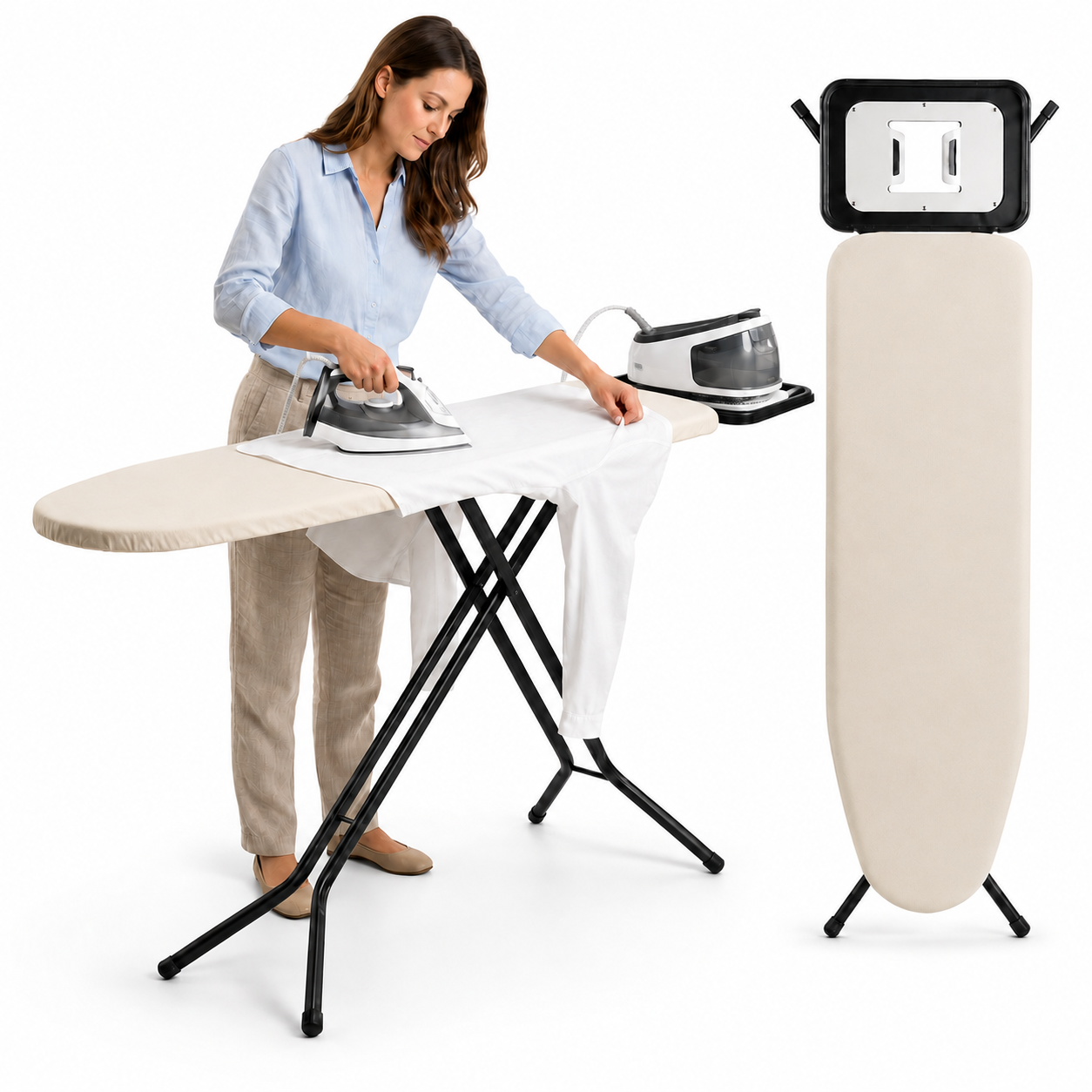 STAHLMANN Granada Bügelbrett 120 × 38 cm – höhenverstellbar, mit Turbobezug und Ablage für Dampfbügelstationen – Made in EU