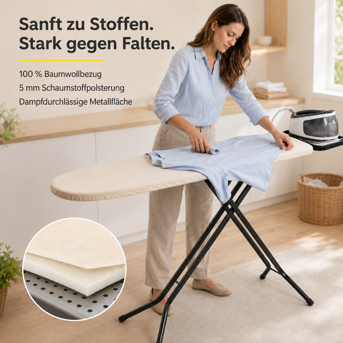STAHLMANN Granada Bügelbrett 120 × 38 cm – höhenverstellbar, mit Turbobezug und Ablage für Dampfbügelstationen – Made in EU