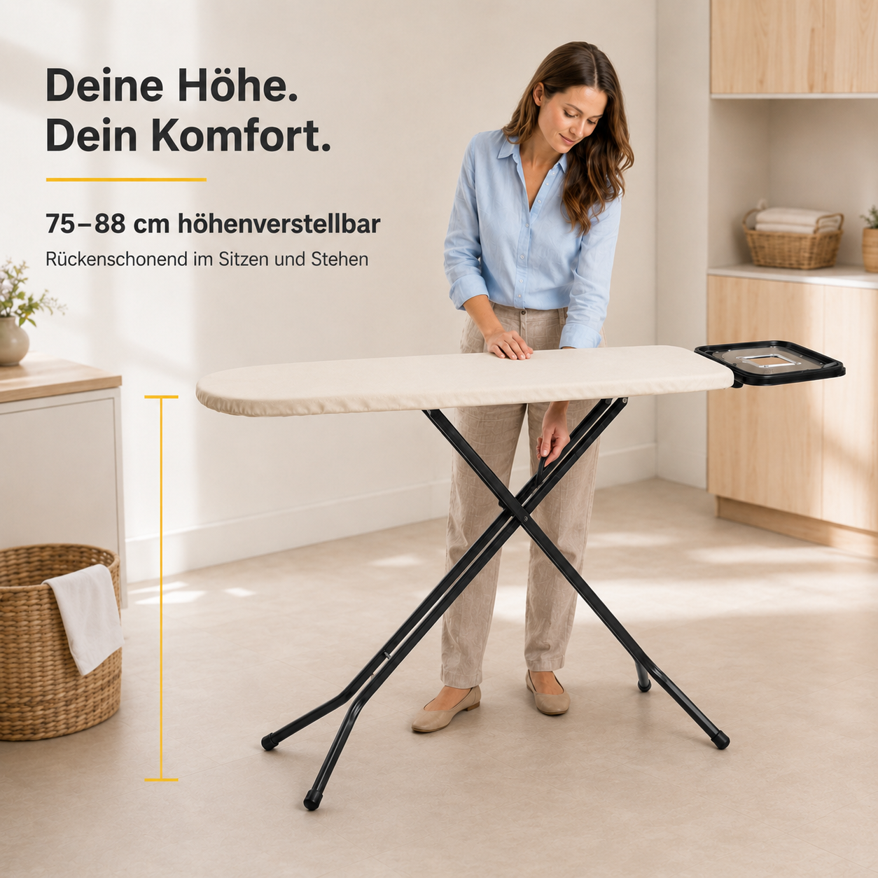 STAHLMANN Granada Bügelbrett 120 × 38 cm – höhenverstellbar, mit Turbobezug und Ablage für Dampfbügelstationen – Made in EU