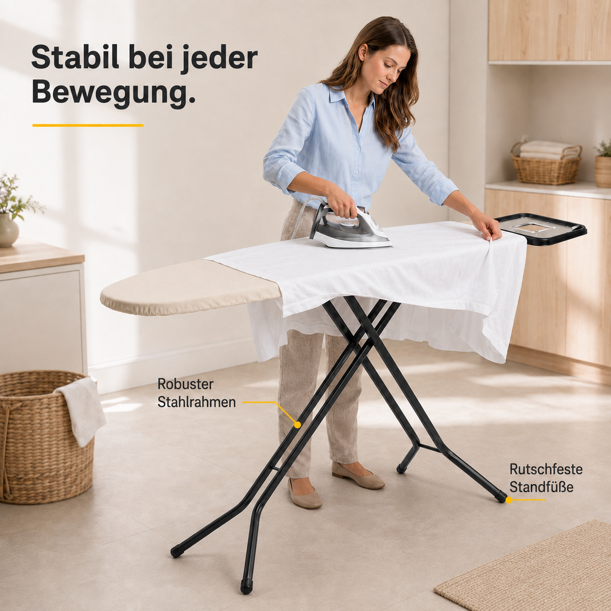 STAHLMANN Granada Bügelbrett 120 × 38 cm – höhenverstellbar, mit Turbobezug und Ablage für Dampfbügelstationen – Made in EU