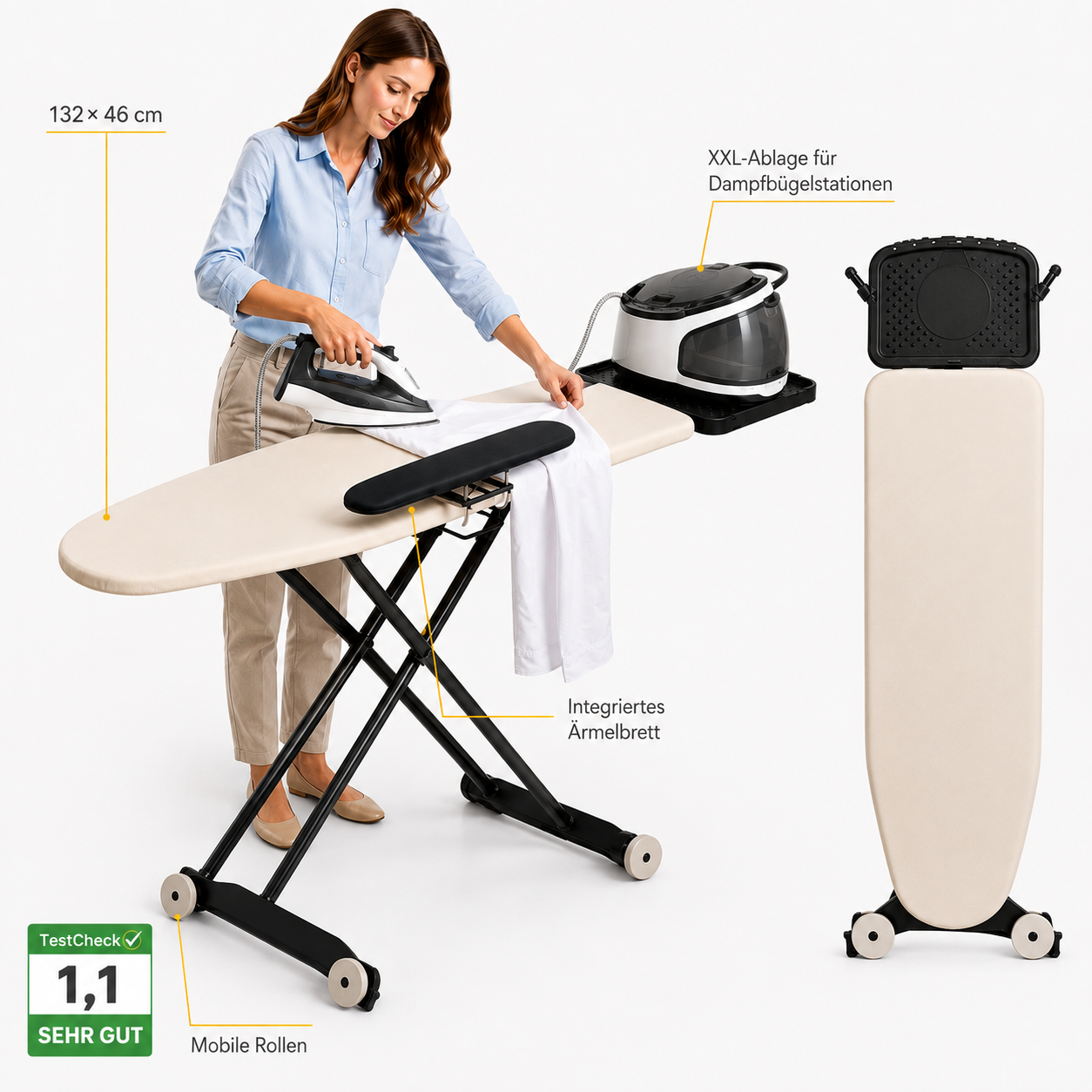 STAHLMANN® Excellence Lux Bügelbrett 132 × 46 cm – mit Ärmelbrett, Rollen & XXL-Ablage für Dampfbügelstationen