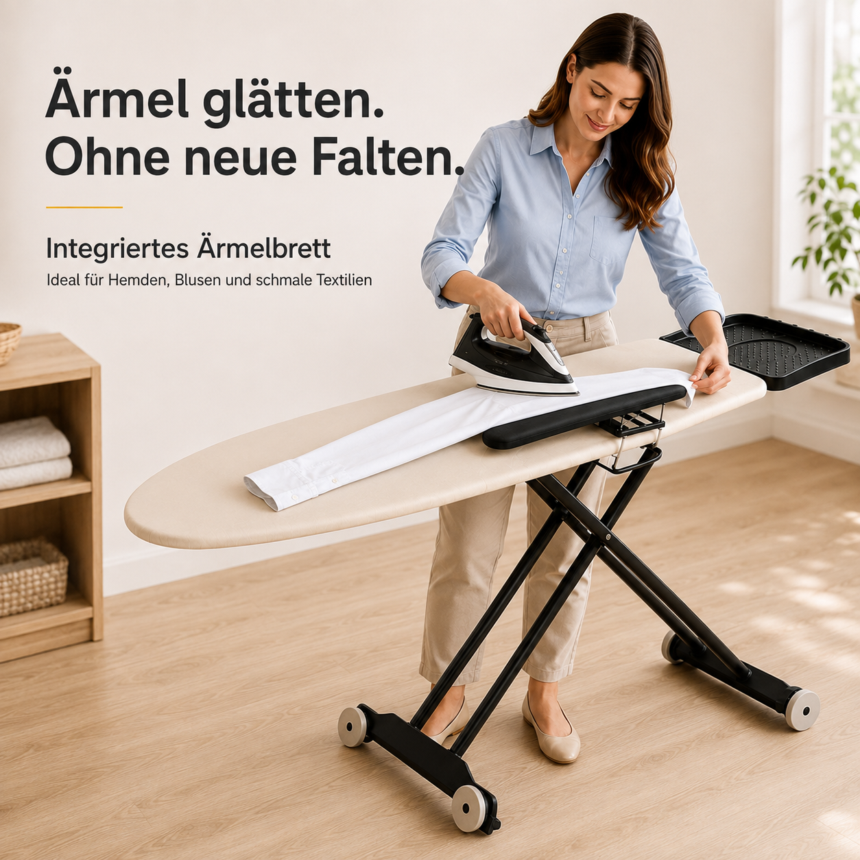 STAHLMANN® Excellence Lux Bügelbrett 132 × 46 cm – mit Ärmelbrett, Rollen & XXL-Ablage für Dampfbügelstationen