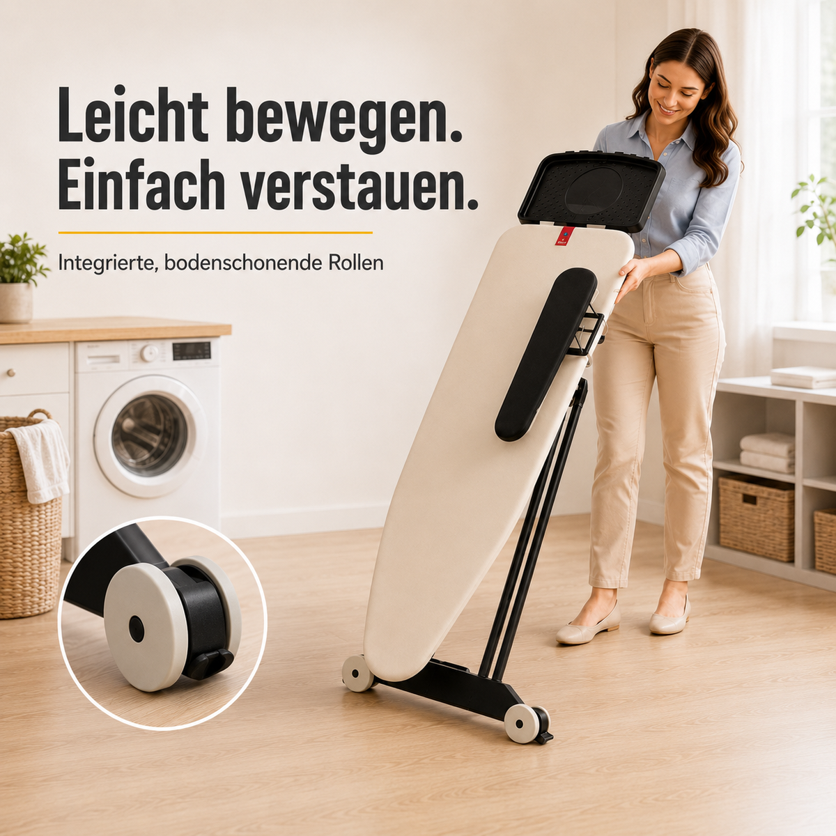 STAHLMANN® Excellence Lux Bügelbrett 132 × 46 cm – mit Ärmelbrett, Rollen & XXL-Ablage für Dampfbügelstationen