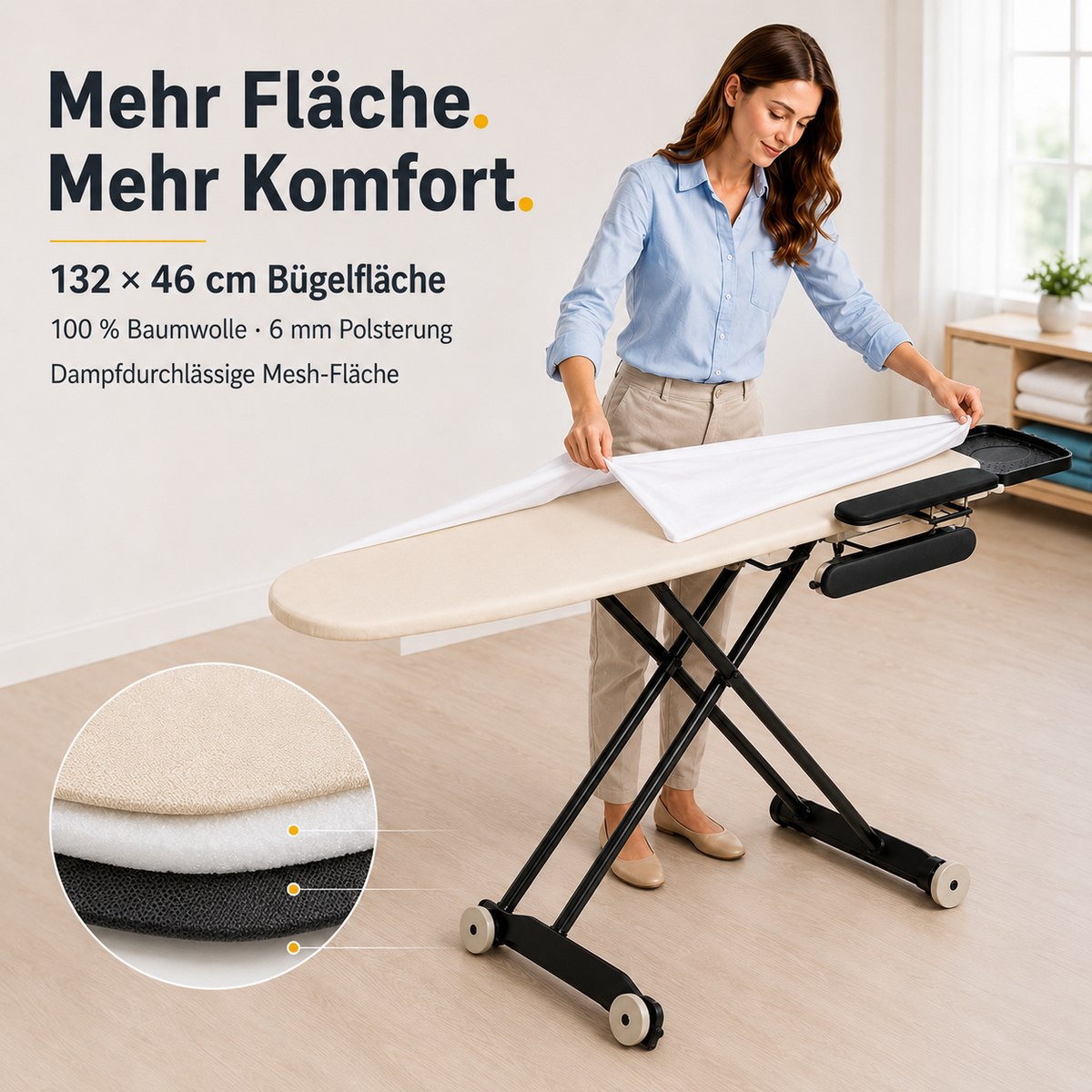 STAHLMANN® Excellence Lux Bügelbrett 132 × 46 cm – mit Ärmelbrett, Rollen & XXL-Ablage für Dampfbügelstationen