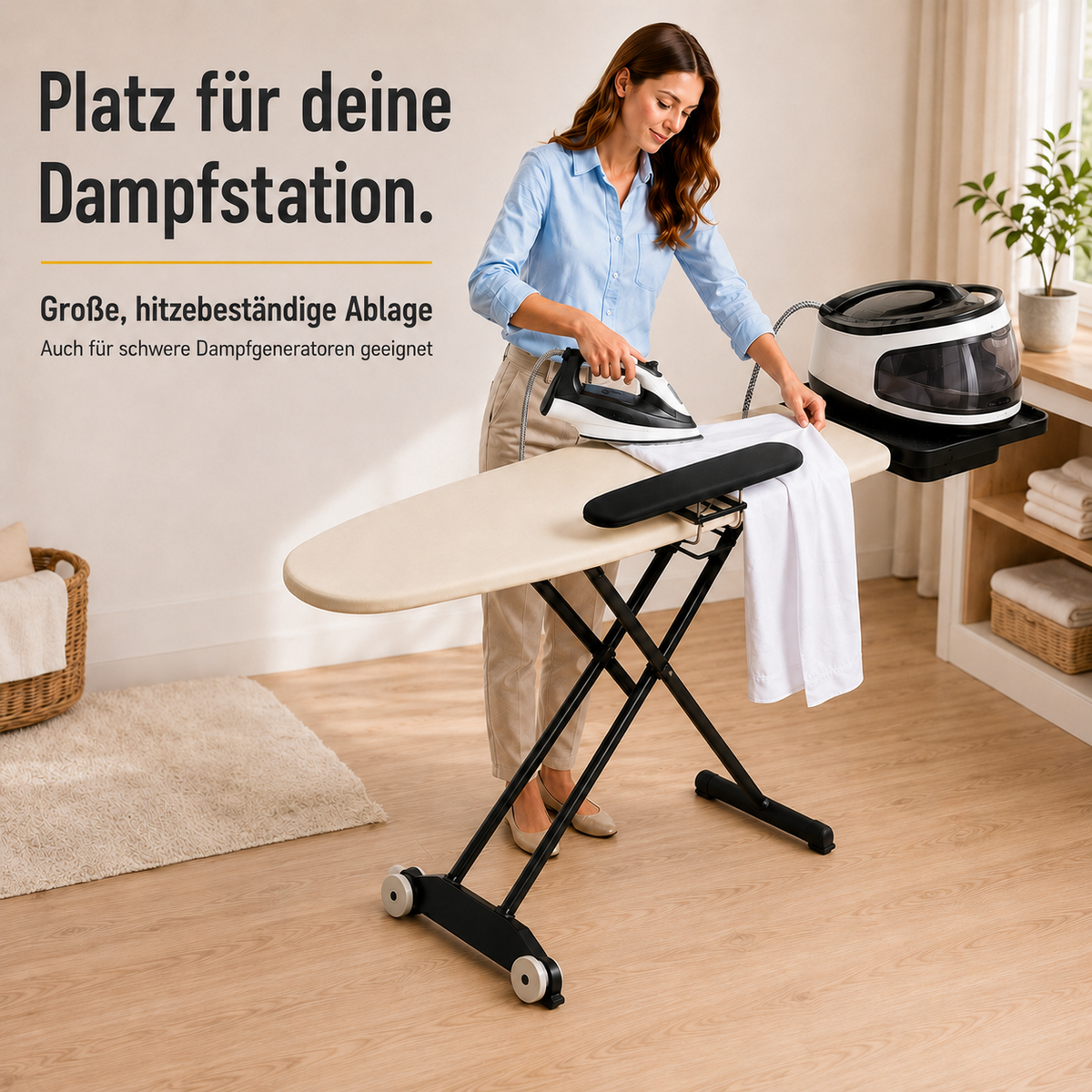 STAHLMANN® Excellence Lux Bügelbrett 132 × 46 cm – mit Ärmelbrett, Rollen & XXL-Ablage für Dampfbügelstationen