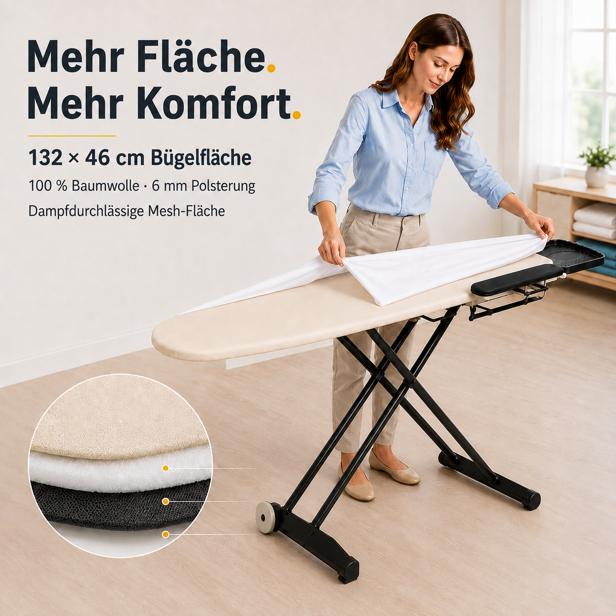 STAHLMANN® Excellence Lux Bügelbrett 132 × 46 cm – mit Ärmelbrett, Rollen & XXL-Ablage für Dampfbügelstationen