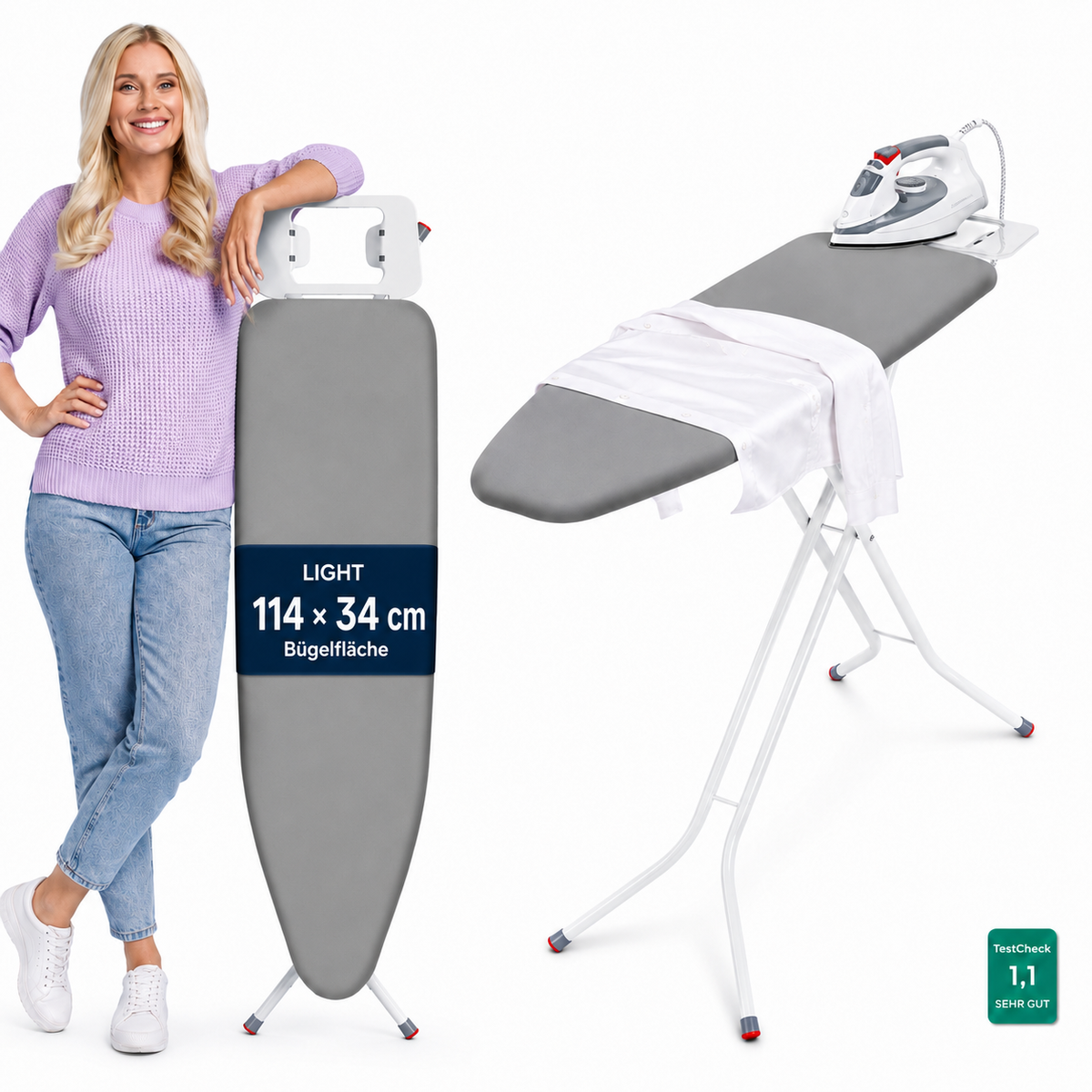 STAHLMANN® Light Bügelbrett 114 × 34 cm – höhenverstellbar & klappbar | mit Ablage für klassische Bügeleisen und rutschfesten Standfüßen