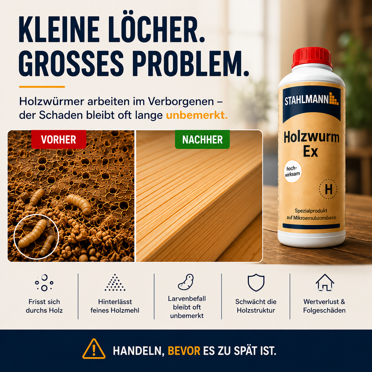 STAHLMANN® Holzwurm Ex 750 ml – Holzwurmmittel innen | Larven & Käfer | Made in Germany