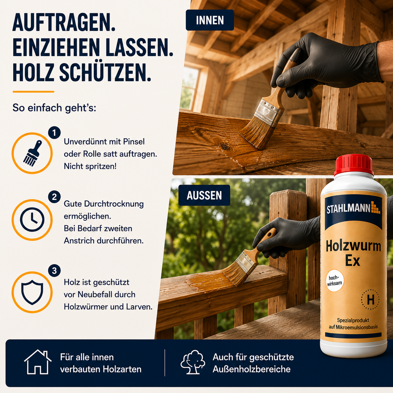 STAHLMANN® Holzwurm Ex 750 ml – Holzwurmmittel innen | Larven & Käfer | Made in Germany