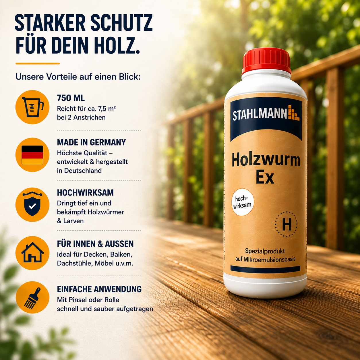 STAHLMANN® Holzwurm Ex 750 ml – Holzwurmmittel innen | Larven & Käfer | Made in Germany