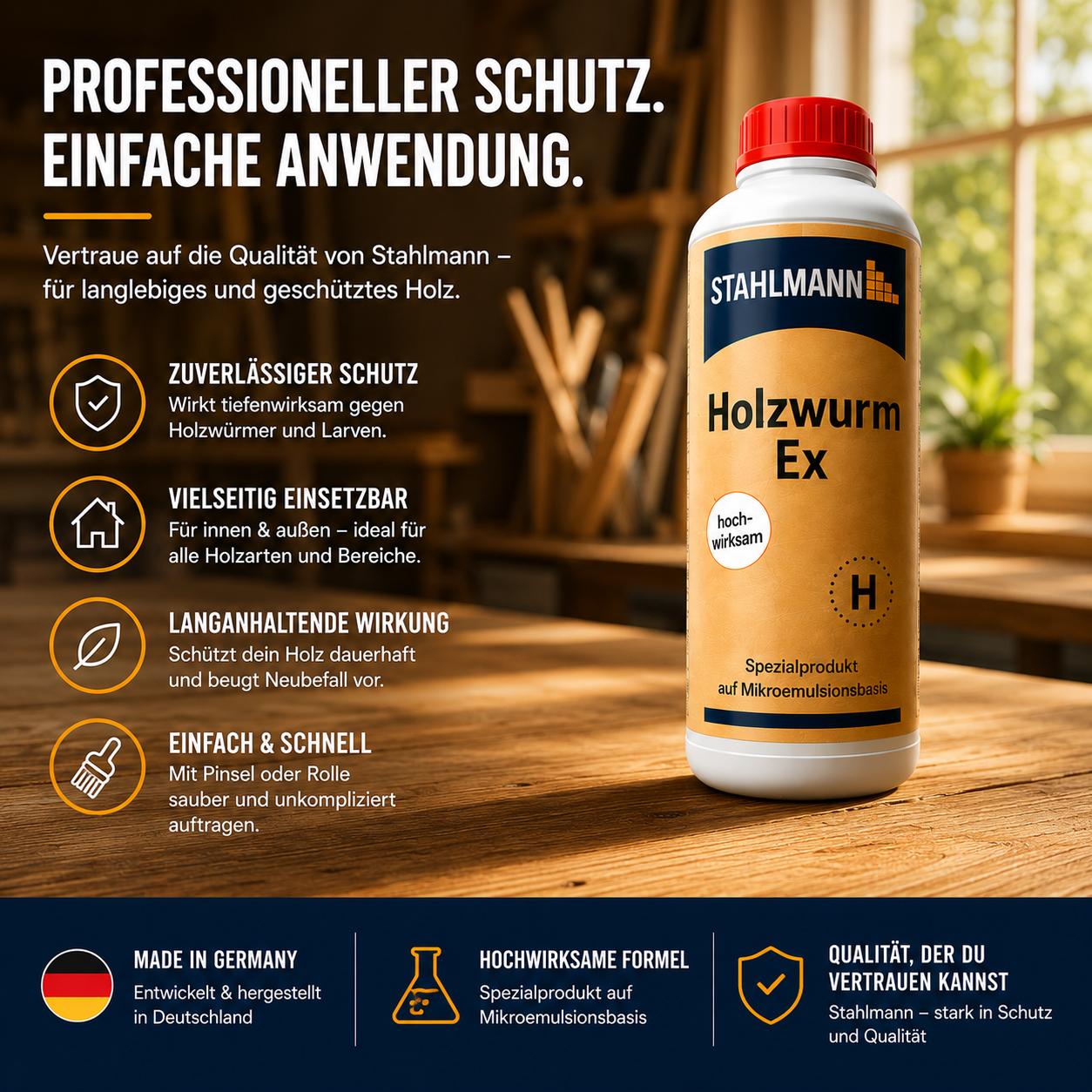 STAHLMANN® Holzwurm Ex 750 ml – Holzwurmmittel innen | Larven & Käfer | Made in Germany
