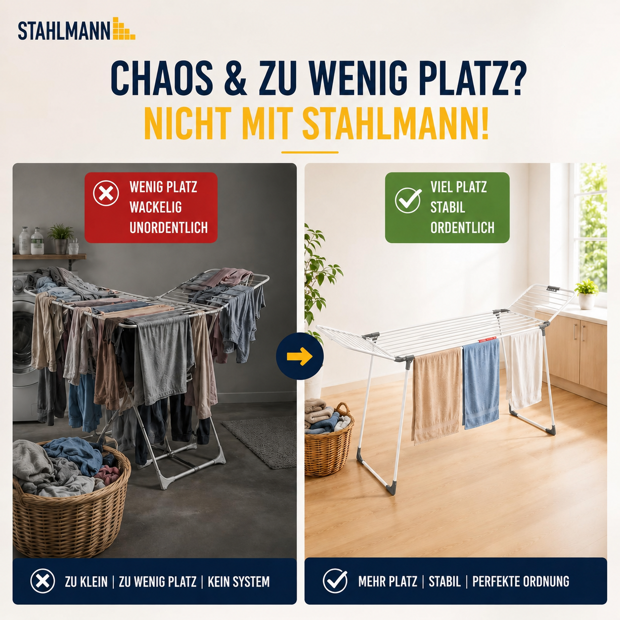 STAHLMANN® Wäscheständer ausziehbar mit Flügeln – 30 m Trockenfläche, klappbar, weiß