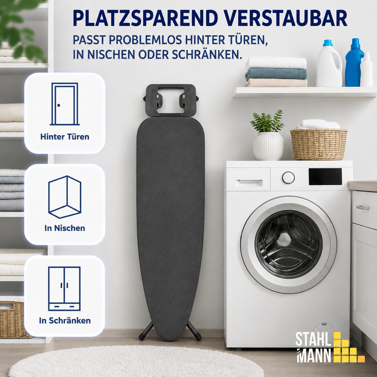 STAHLMANN® Bügelbrett schwarz 110 × 32 cm – 4-fach höhenverstellbar & klappbar