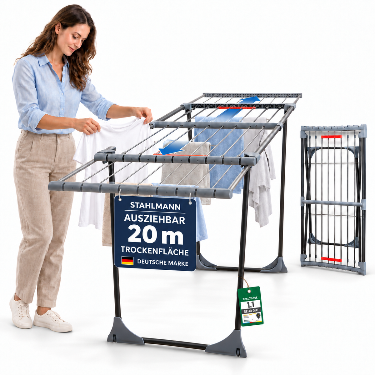 STAHLMANN® Magic Teleskop Wäscheständer ausziehbar – 20m Trockenfläche – platzsparend kompakt – Indoor Outdoor Balkon