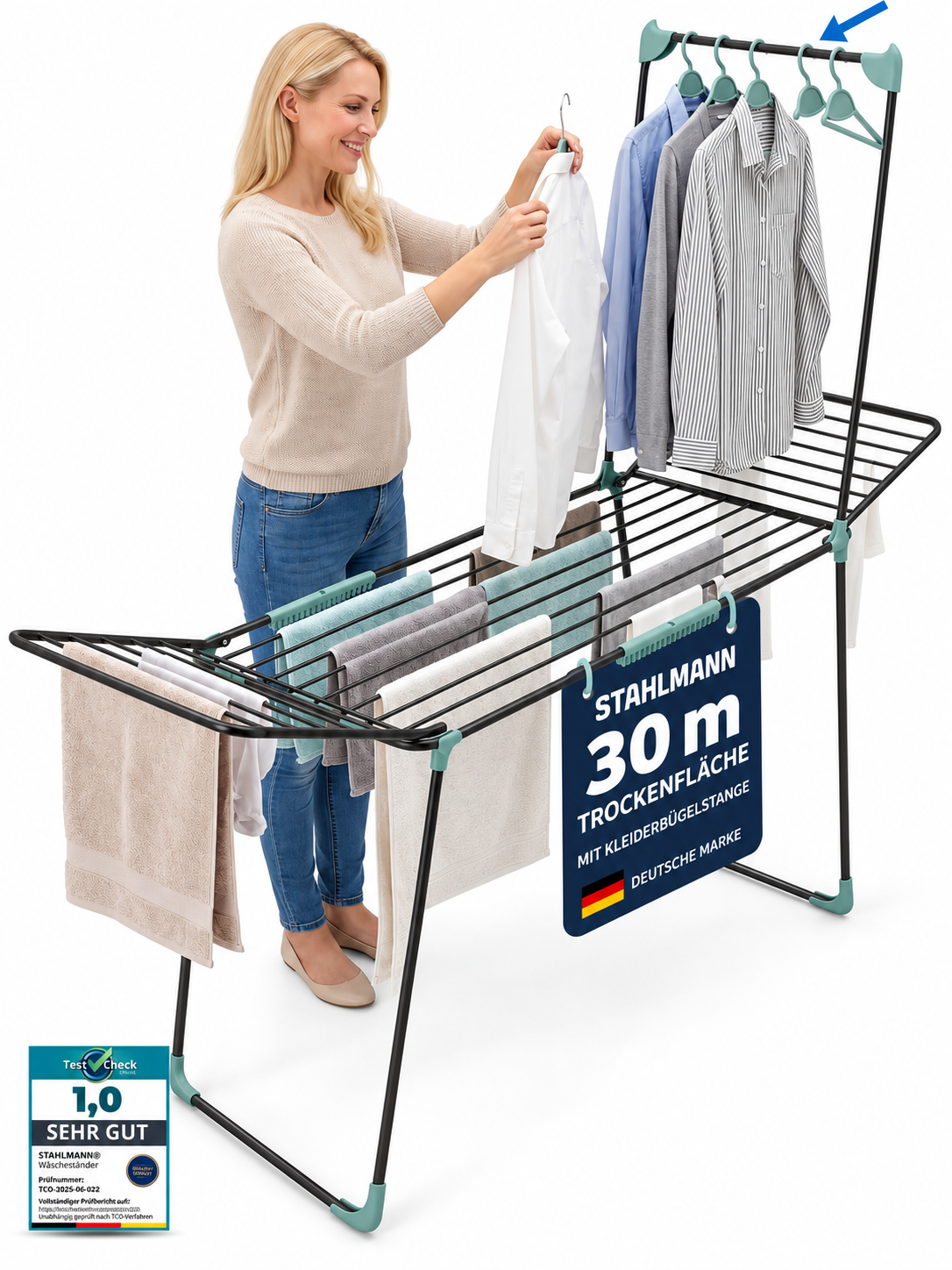 STAHLMANN® Wäscheständer ausziehbar mit Flügeln – 30 m Trockenfläche, klappbar, schwarz