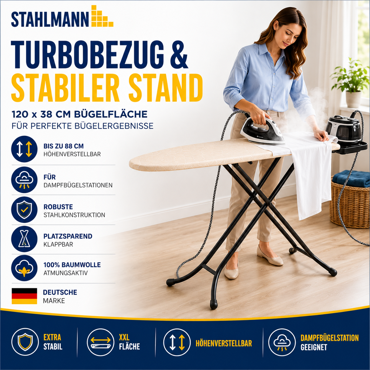 Stahlmann Bügelbrett Granada 120 × 38 cm – höhenverstellbar | Turbobezug | für Dampfbügelstation