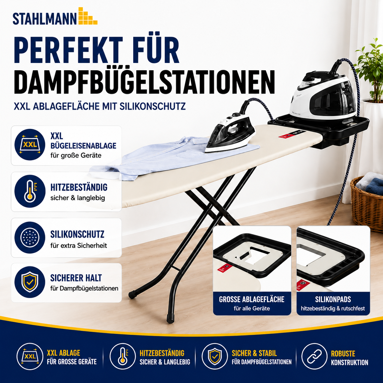 Stahlmann Bügelbrett Granada 120 × 38 cm – höhenverstellbar | Turbobezug | für Dampfbügelstation