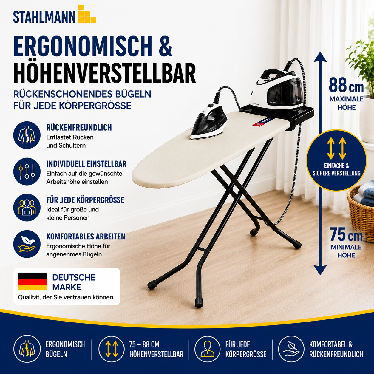 Stahlmann Bügelbrett Granada 120 × 38 cm – höhenverstellbar | Turbobezug | für Dampfbügelstation