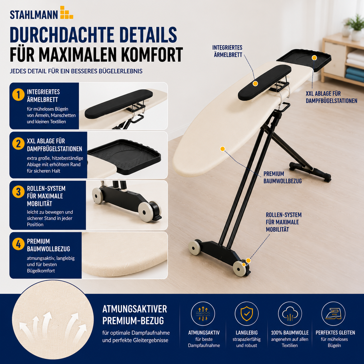 Stahlmann Bügelbrett 132 × 46 cm – mit Ärmelbrett | Made in EU | für Dampfbügelstation