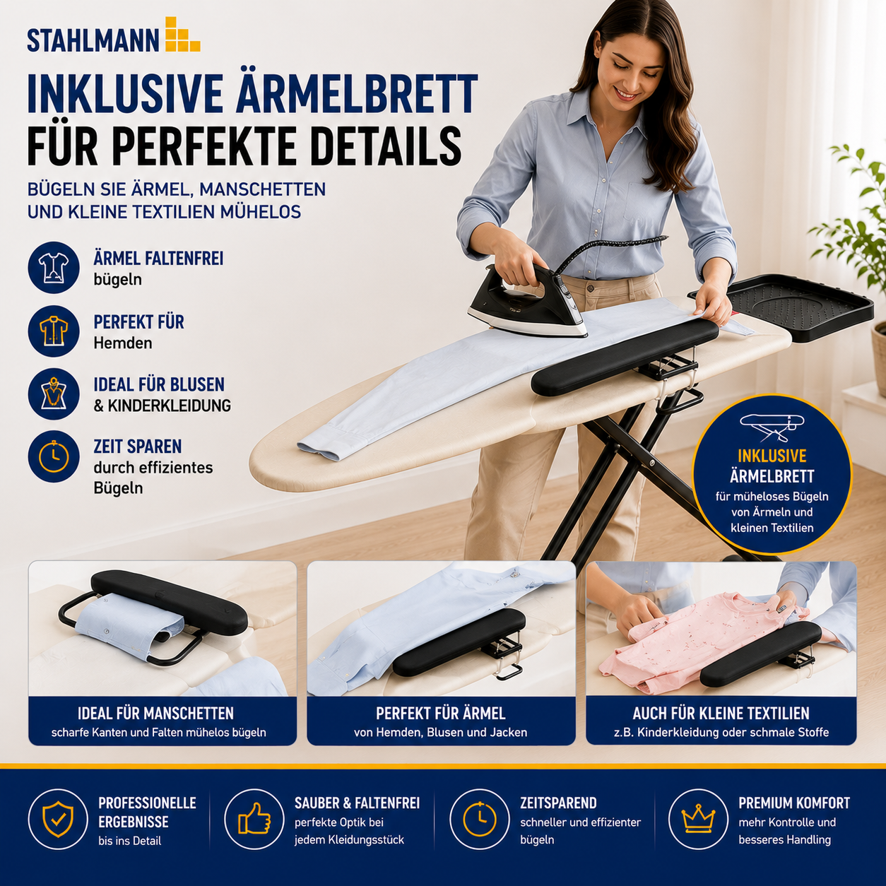 Stahlmann Bügelbrett 132 × 46 cm – mit Ärmelbrett | Made in EU | für Dampfbügelstation