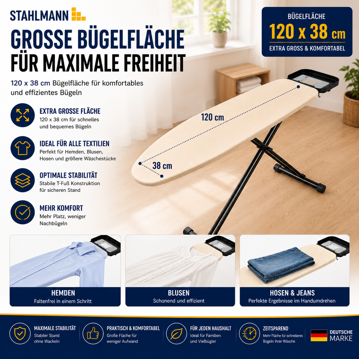 Stahlmann Bügelbrett 120 × 38 cm – Made in EU | höhenverstellbar 60–90 cm | Turbobezug