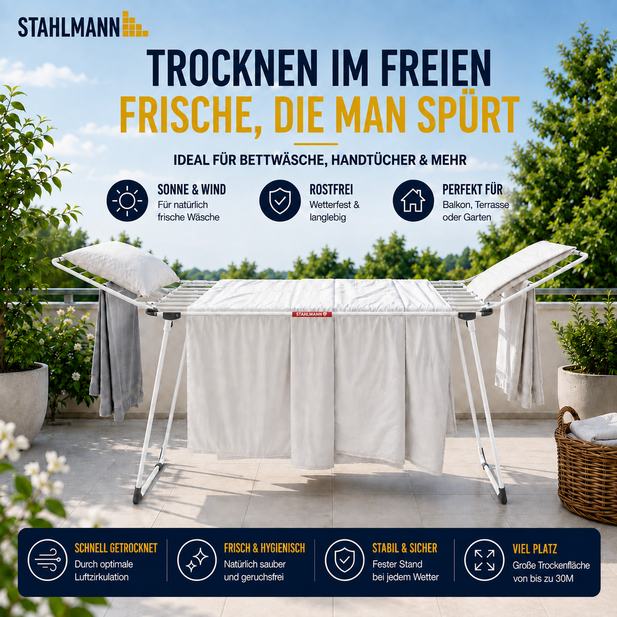 STAHLMANN® Wäscheständer ausziehbar mit Flügeln – 30 m Trockenfläche, klappbar, weiß