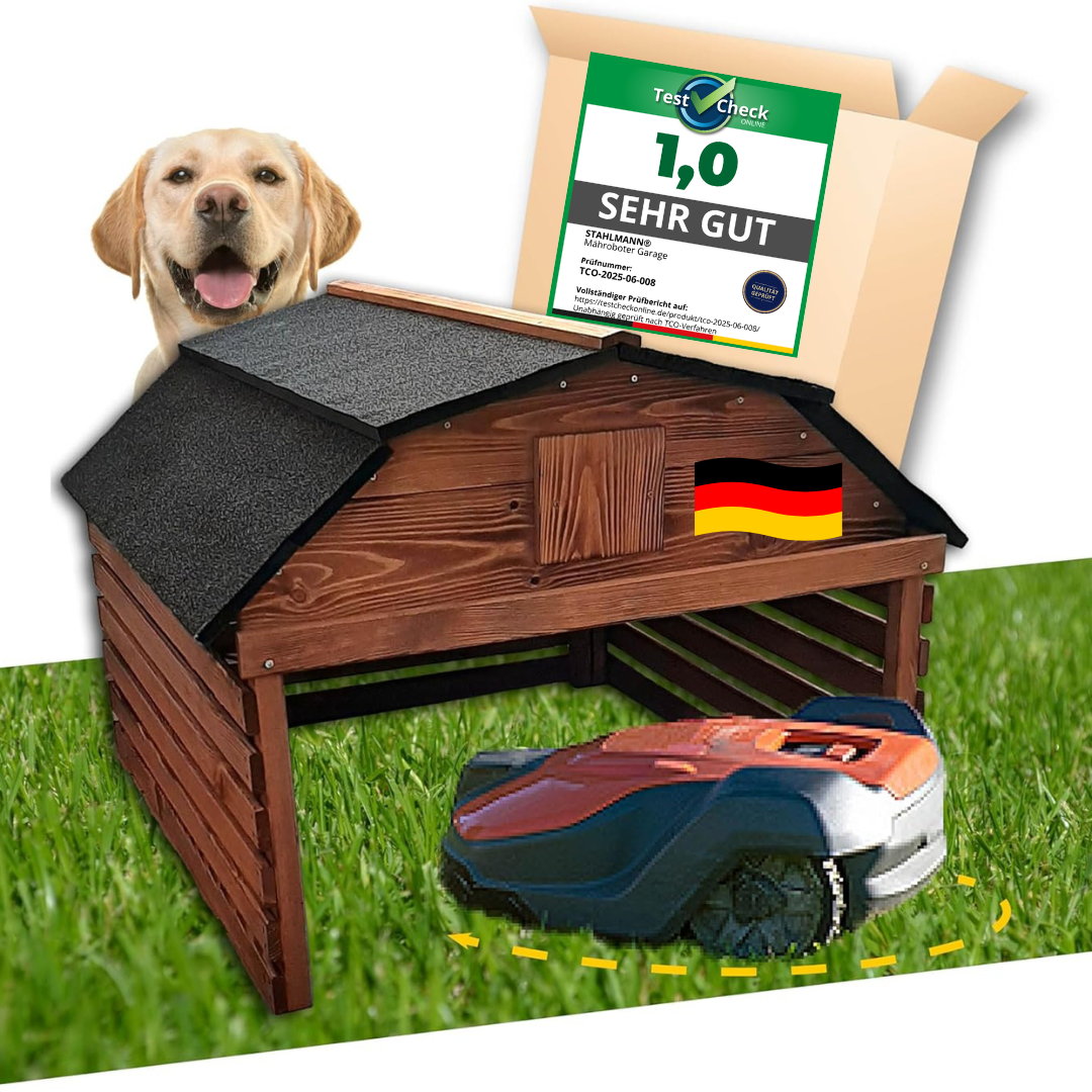 STAHLMANN® Mähroboter Garage aus Kiefernholz [78,5 x 74 x 60 cm] - Rasenroboter Garage BRAUN [wetterfest] Mähroboter Garage [MADE IN EUROPE]
