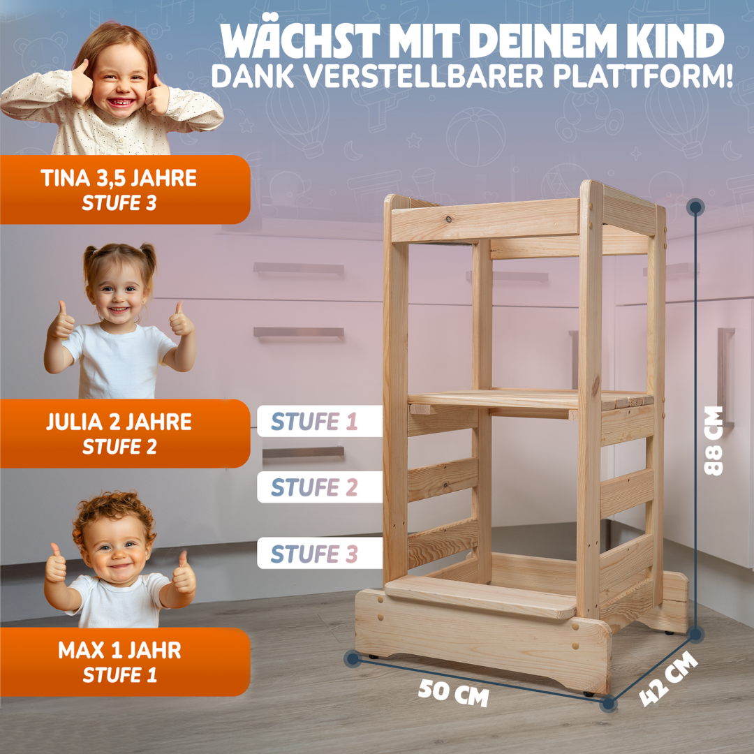 JETZT NEU! STRAHLKIND® Lernturm ab 1 Jahr [Anti Kipp Schutz] aus Kiefernholz - Montessori Lernturm höhenverstellbar - Learning Tower - Tritthocker für Kinder