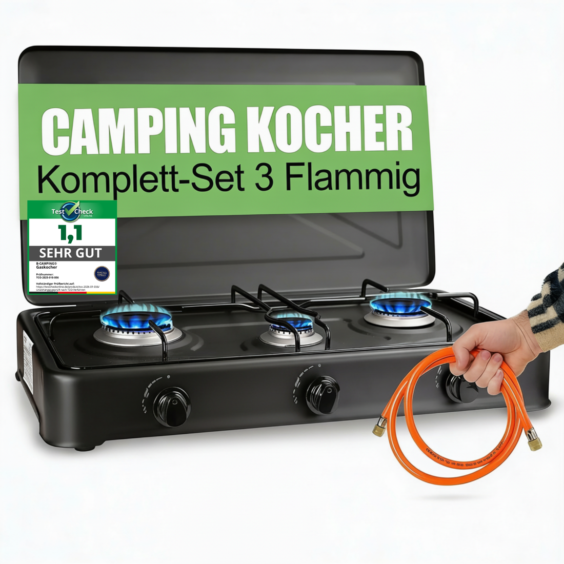 B-Camping 3-Flammen Gaskocher für Innenräume 4,35 kW – Camping Komplett-Set mit Druckregler &amp; Schlauch