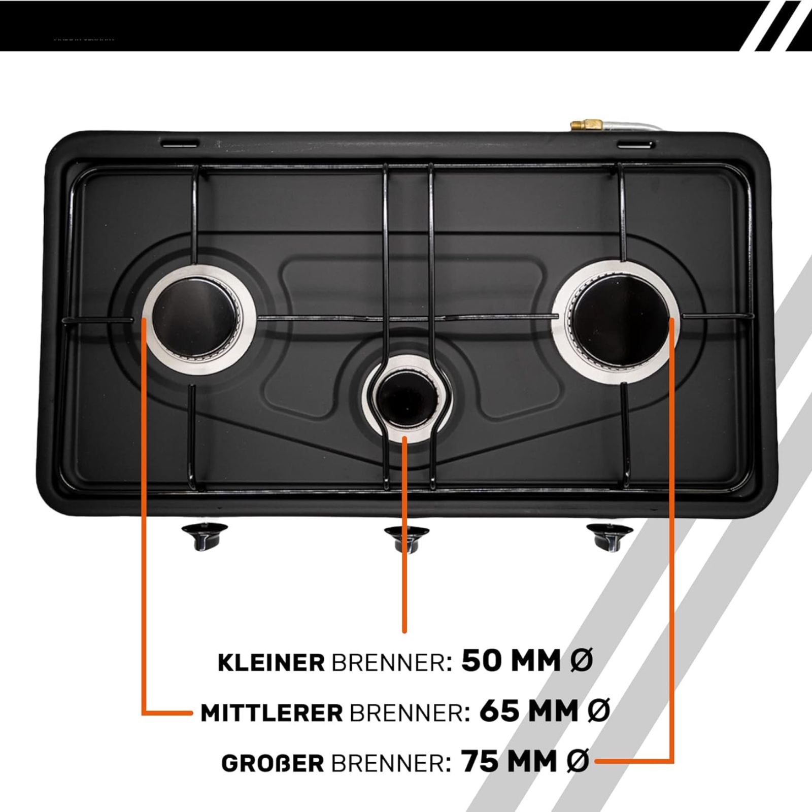 B-Camping 3-Flammen Gaskocher für Innenräume 4,35 kW – Camping Komplett-Set mit Druckregler &amp; Schlauch
