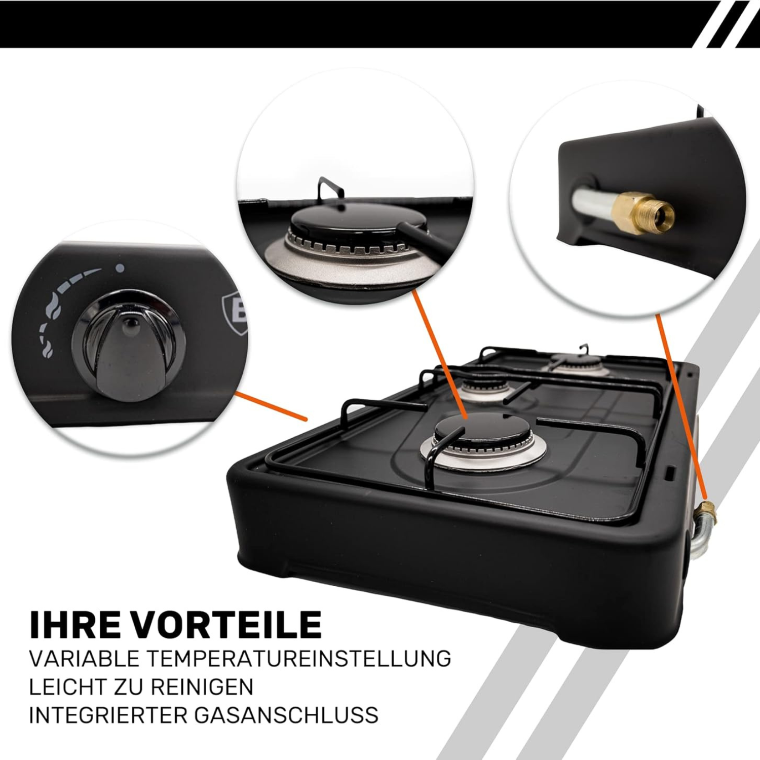 B-Camping 3-Flammen Gaskocher für Innenräume 4,35 kW – Camping Komplett-Set mit Druckregler &amp; Schlauch